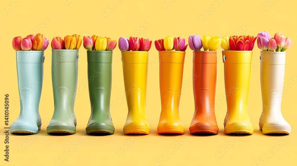 Poster row of colorful rain boots with flowers in them. the boots are arranged in a line, with each one a d