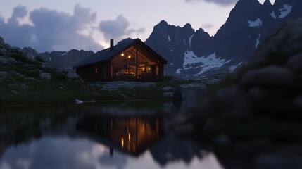 Fototapeta premium Mountain hut lit by evening glow, reflected in tranquil pond.
