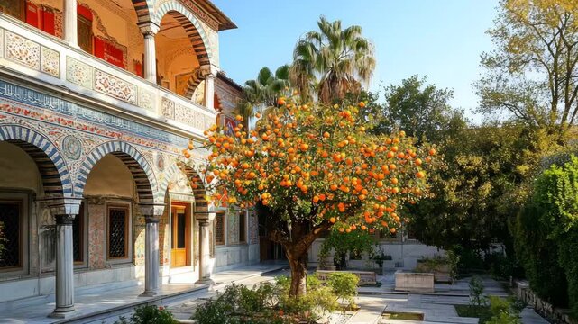 A serene courtyard filled with lush orange trees is set against the backdrop of beautifully decorated traditional architecture featuring arched colonnades and intricate tile work.