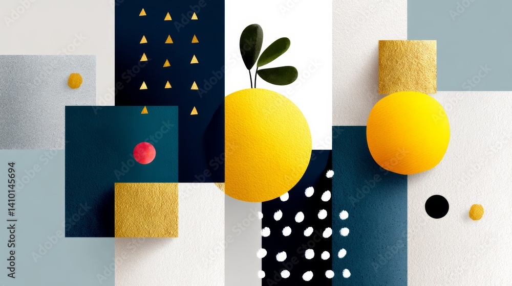 Poster collage of various shapes and colors, including a yellow ball and a red circle, creates a dynamic an