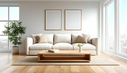 Fototapeta premium A bright and airy living room featuring a cozy couch, wooden coffee table, and large windows. Ideal for creating a serene home atmosphere.