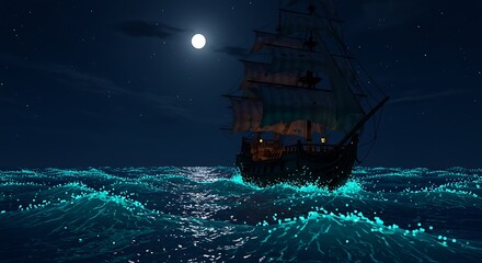 Night Voyage: An ancient galleon sails under the moonlight, its journey illuminated by bioluminescent waves. A breathtaking nocturnal seascape.