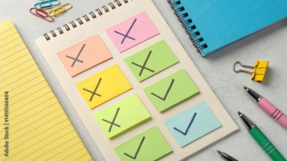 Aufkleber colorful sticky notes with checkmarks and crosses are arranged on a notepad surrounded by stationery