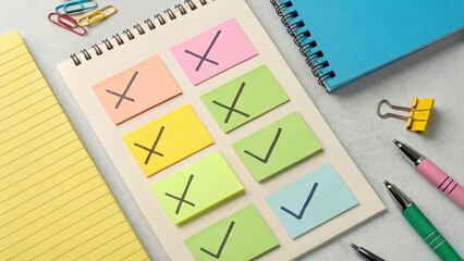 Colorful sticky notes with checkmarks and crosses are arranged on a notepad surrounded by stationery items like pens and paperclips.