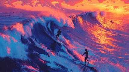 Fototapeta premium Epic sunset surf, surfers riding giant waves, vibrant ocean