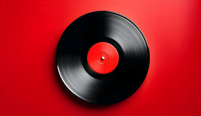 Obraz premium A classic vinyl record against a vibrant red background, capturing the nostalgia of music and the joy of listening to timeless melodies.