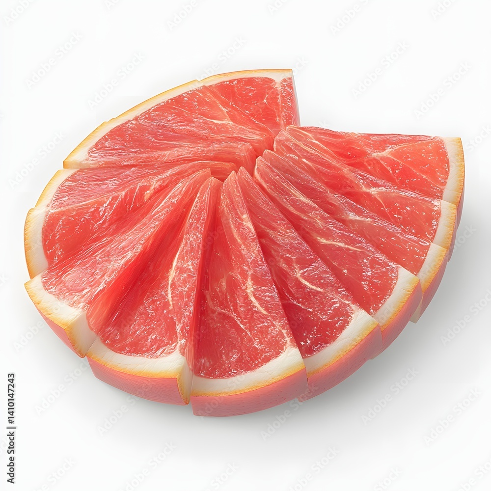 Poster Close-up of a juicy grapefruit sliced into segments, arranged in a circular pattern. The vibrant color and fresh texture are highlighted against a white background. Isolated on a white background.