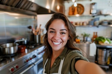 joyful young woman taking a selfie during a cooking class in a professional kitchen