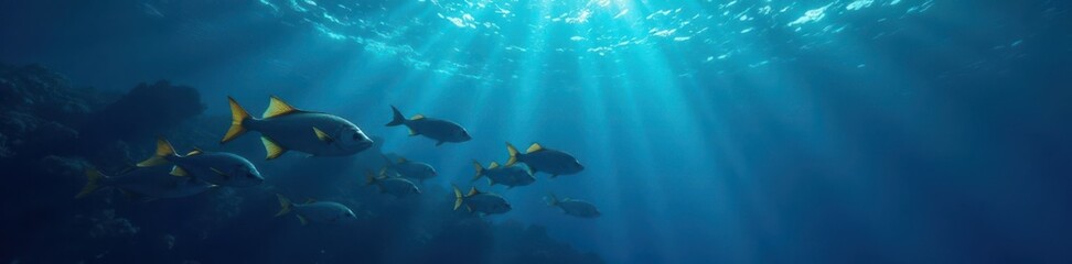 Fototapeta premium School of fish swimming in the dark blue ocean, fish, dark blue