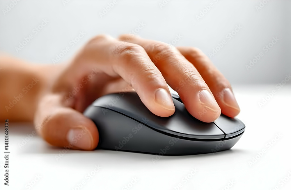 Poster a close-up of a hand gently resting on a computer mouse, symbolizing technology and modern work envi