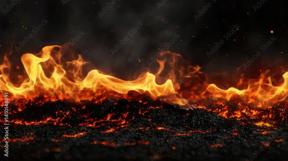 Poster intense flames with bright orange and red colors against dark background creating an explosive fire 