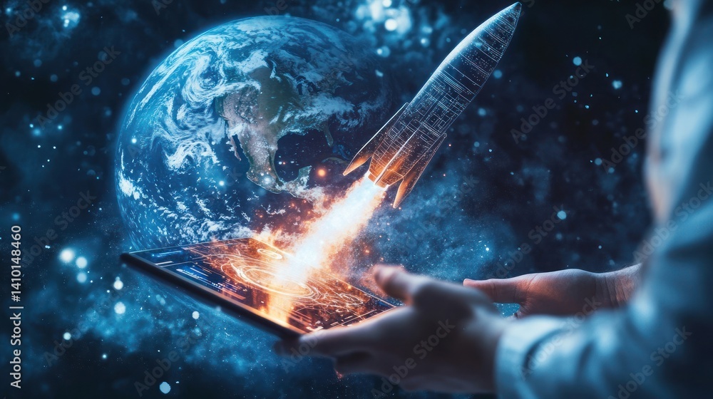 Poster rocket launch from tablet with earth in background