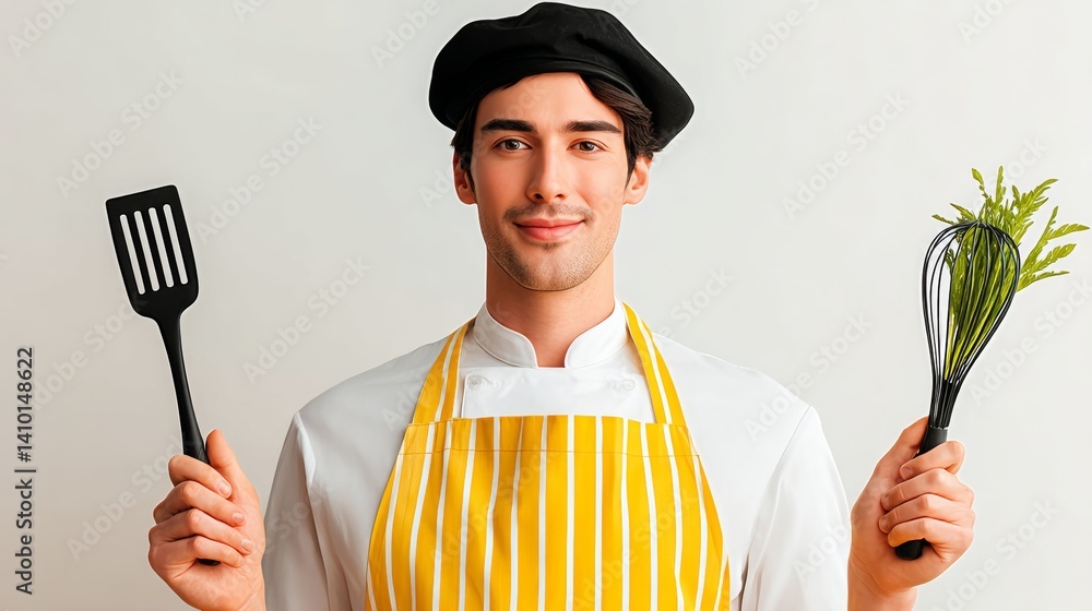 Poster man in a chef's hat is holding a spatula and a whisk. he is smiling and he is happy