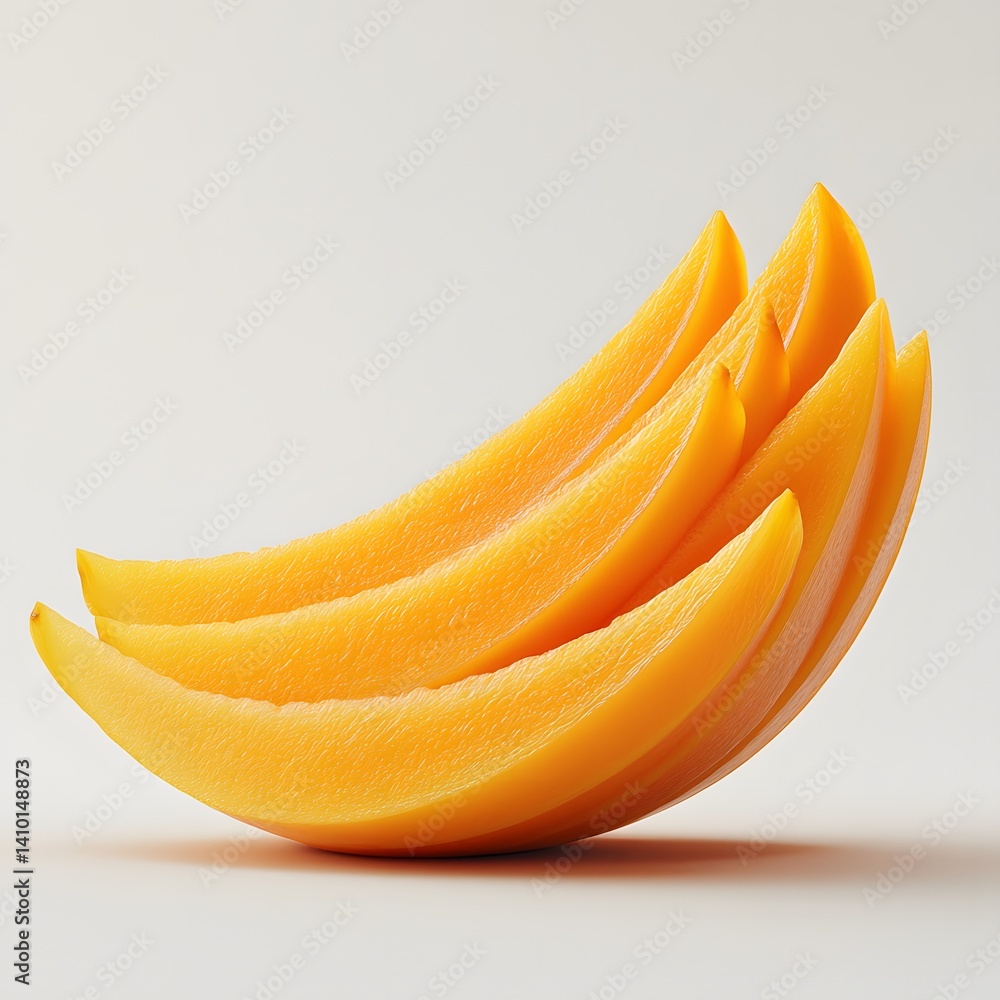 Poster close-up of several slices of ripe mango, showcasing their vibrant color and juicy texture. isolated