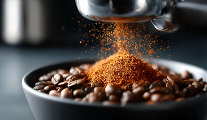 A close-up of freshly ground coffee being poured over roasted coffee beans in a black bowl, highlighting the rich texture and vibrant color.