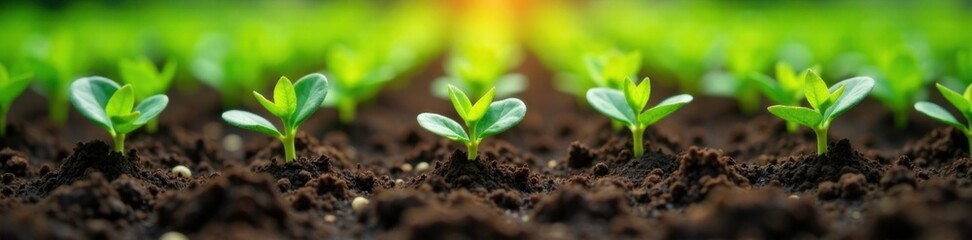 Row of freshly planted seedlings in a garden bed, plants, soil, greenery