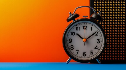A close-up of a classic alarm clock against a vibrant orange and blue background, showcasing time