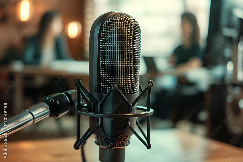 Poster a close-up shot of a professional microphone with a blurred background of two people collaborating i