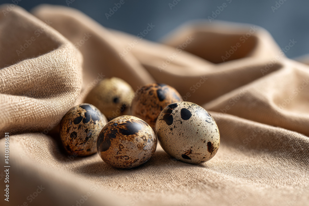 Aufkleber quail eggs on soft fabric with natural texture and warm tones in soft light background