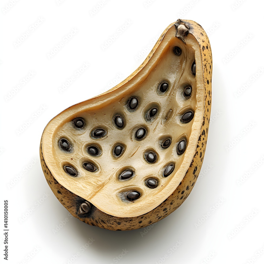 Poster close-up image of a peeled pawpaw fruits revealing numerous dark seeds inside. the banana is set aga