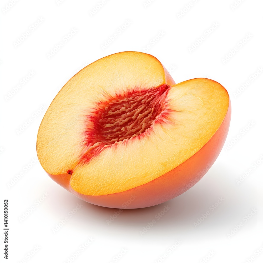 Poster a close-up image of a perfectly ripe peach, sliced in half. the vibrant colors and juicy texture mak