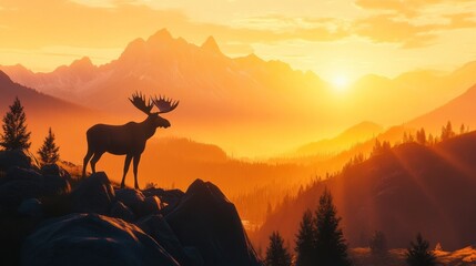 Majestic moose silhouette atop mountain rocks at golden sunrise
