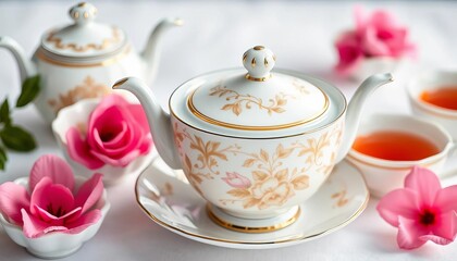 Elegant porcelain tea set, close-up view on white,  macro,  clean