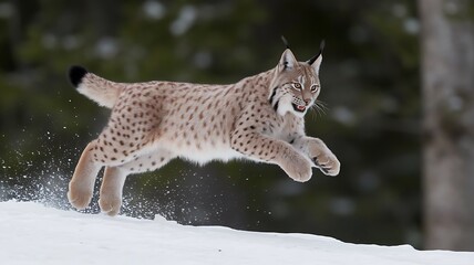 Obraz premium Snow-Covered Lynx Leaping Through Icy Forest Trail in Action Pose, Captured in Sharp Detail for a Dynamic and Powerful Winter Wildlife Scene