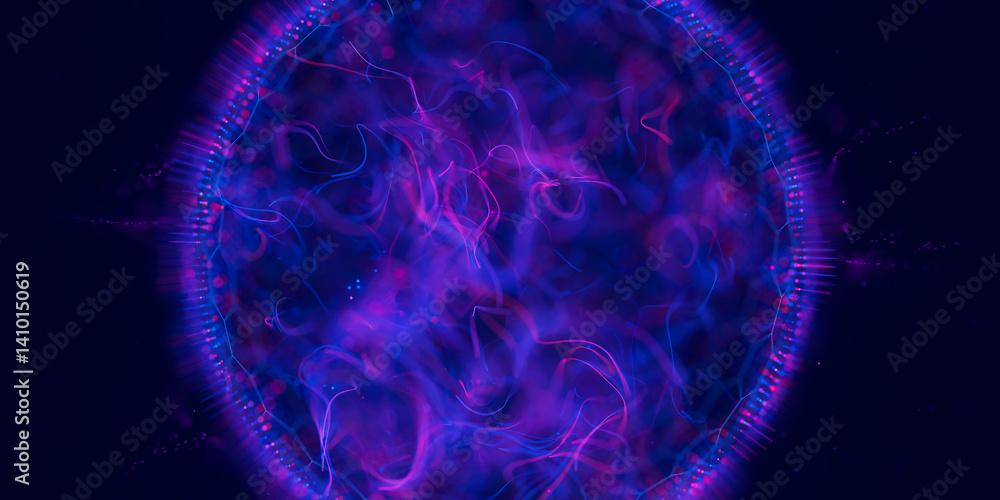 Poster Abstract macro of quantum computing qubit spherical cell. Subatomic patterns of cyber AI intelligence. Futuristic technology concept.