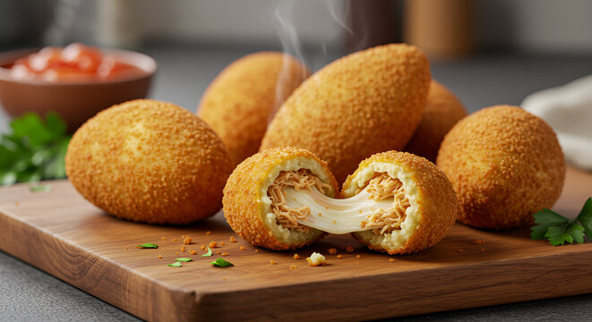 "A rustic wooden board holding six golden-brown Brazilian coxinhas (fried chicken croquettes), one with a large bite taken out to reveal shredded chicken filling and creamy catupiry cheese oozing out.