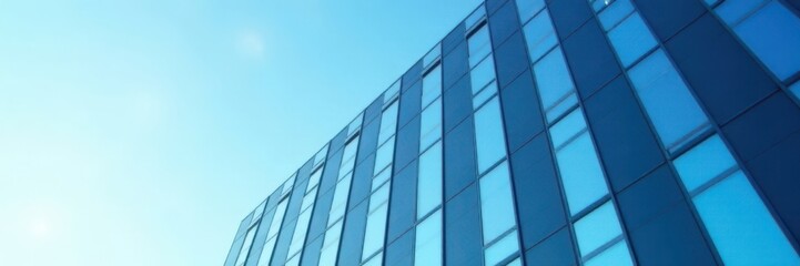 Modern office building with glass facade under clear blue sky, glass, building