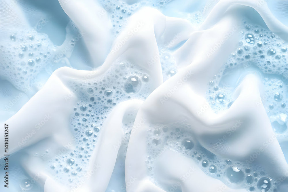 Poster a close-up view of silky white fabric intertwined with delicate bubbles, creating a calming and soft