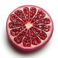 Close-up of a halved pomegranate, showcasing its vibrant red seeds and juicy texture. A perfect image for culinary or healthy eating themes. Sliced Pomegranate Isolated on a white background.