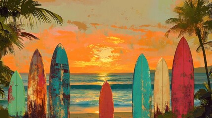 Colorful surfboards at sunset beach scene