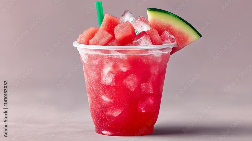 Poster cup of watermelon juice with ice cubes and a green slice of watermelon on top. the image conveys a r
