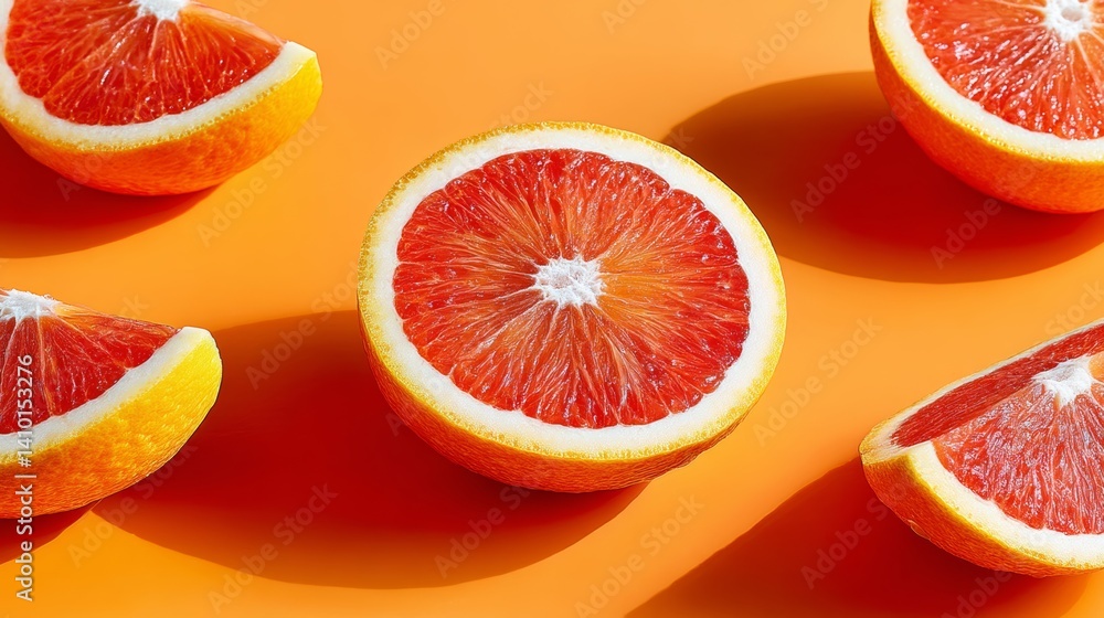 Poster close up of a red grapefruit with a slice missing. the image has a warm, inviting mood