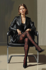 Stylish Woman in Black Leather Jacket Seated in Minimalist Studio Setting
