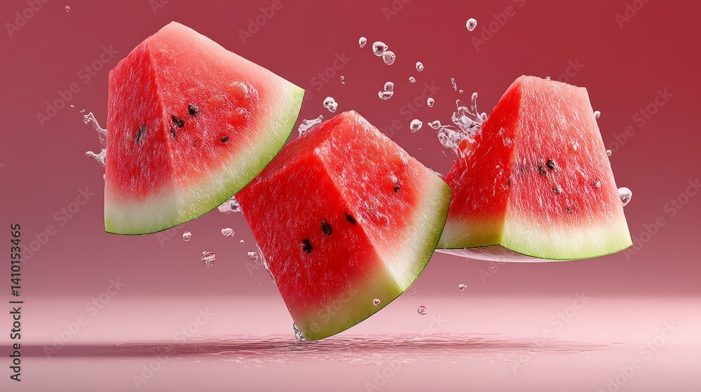 Poster three slices of watermelon are floating in the air. the watermelon is red and green. the image has a