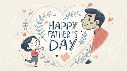 Obraz premium Smiling father and child looking at each other next to heart with 