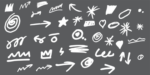Hand-drawn elements, chalk on blackboard, doodles, arrows, stars, swirls, abstract shapes, scribbles, geometric forms, sketchy style, Straight long hand drawn stripes background