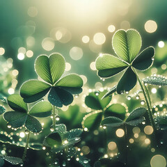 Dew-kissed clover in sunlit green meadow with soft bokeh background.