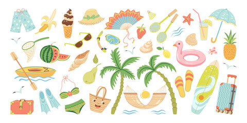 Summer vacation set. Colorful summer set of summer beach and travel elements, fruits, suitcase, summer sports, palm tree, tropical sea, hammock. Flat vector illustration for stickers, cards, banners.