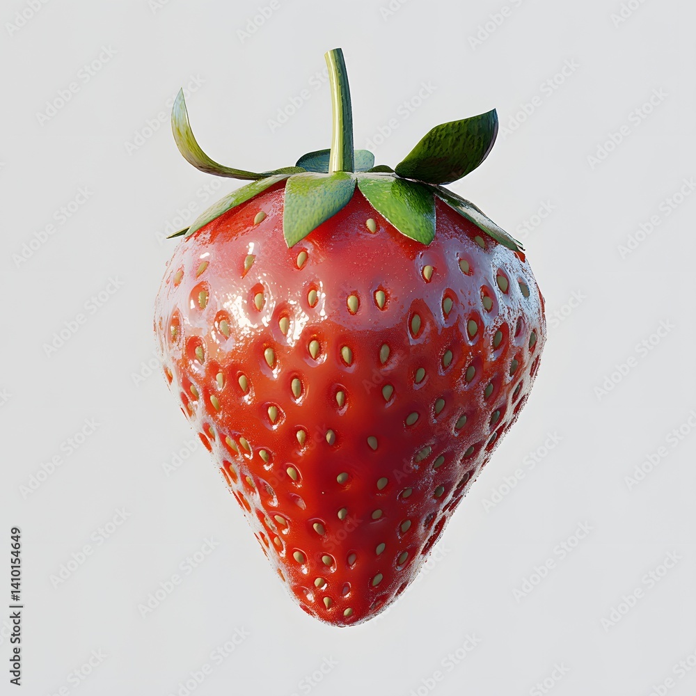 Poster Close-up image of a single, ripe strawberry. Its red color and shiny texture are highlighted against a plain background. Isolated on a white background. A Single, Shiny Strawberry: A Close-Up View