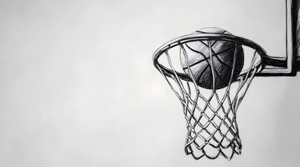 Minimalist Charcoal Sketch of Basketball Hoop and Net in Motion