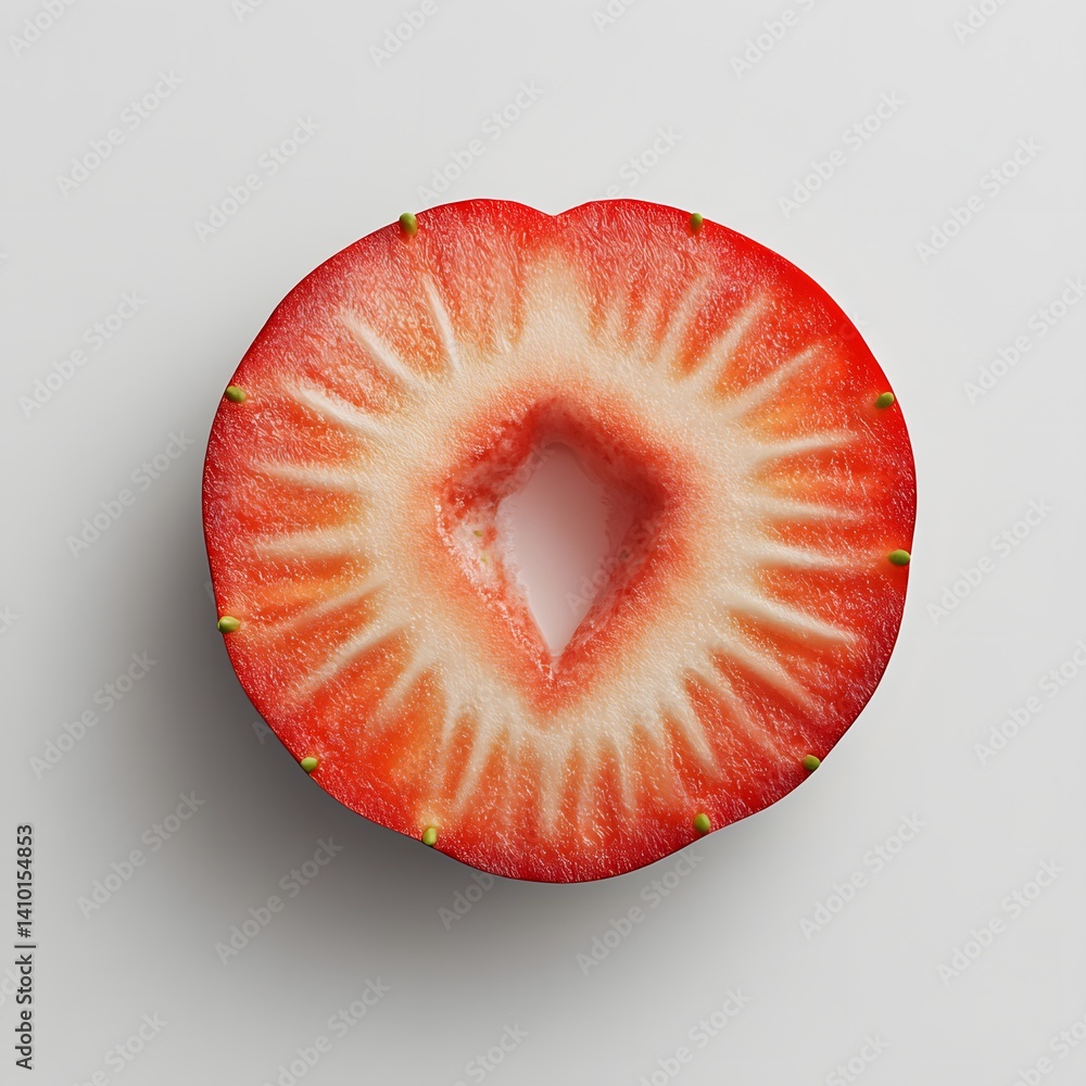 Poster a macro photograph of a strawberry slice, showcasing its vibrant red color and detailed texture agai