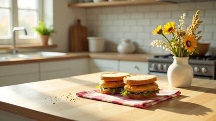 Naklejka premium Sunlit Kitchen Countertop with Two Delicious Sandwiches and a Bouquet of Flowers