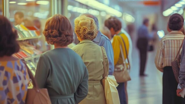 People customers in store walk between rows. Person buy healthy food in supermarket. Grocery market shopping. Buyers choose organic vegetables. Fruits vegan department. Goods shelfs. Many clients.