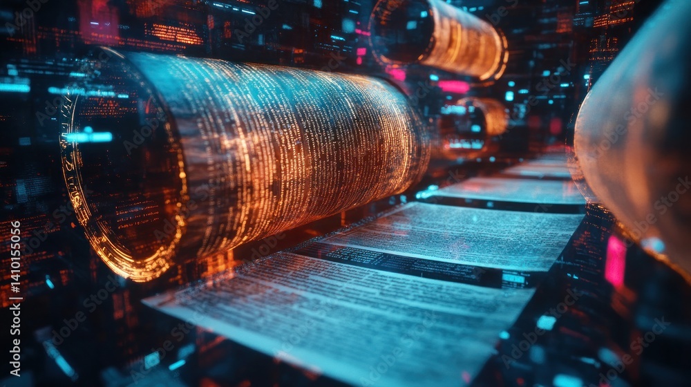 Poster futuristic data processing with glowing cables and screens