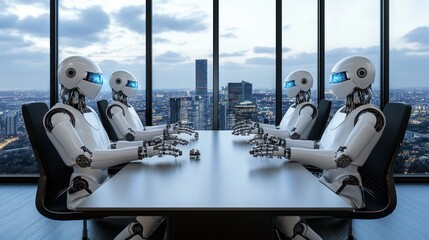 Futuristic Corporate Meeting: AI Robots in a Modern Skyscraper Office