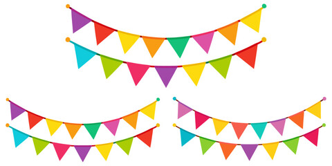 Colorful triangular bunting in rainbow hues, perfect for party decor, celebration banners, and cheerful garlands, with a minimalist design isolated on a white background.